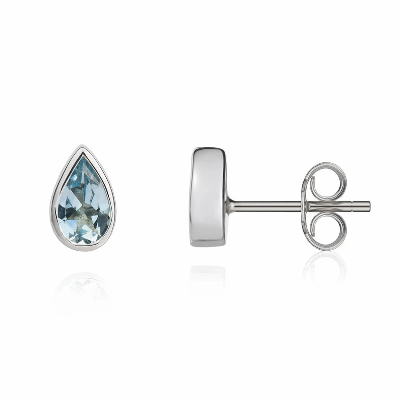 9ct White Gold Aquamarine 6x4mm Pear Rub Over Set Stud Earrings