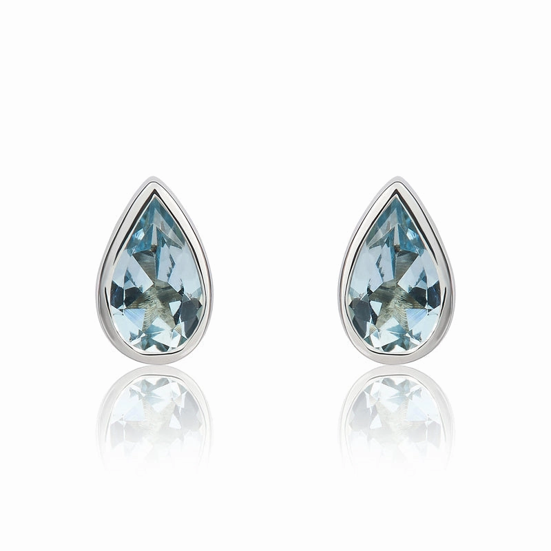 9ct White Gold Aquamarine 6x4mm Pear Rub Over Set Stud Earrings