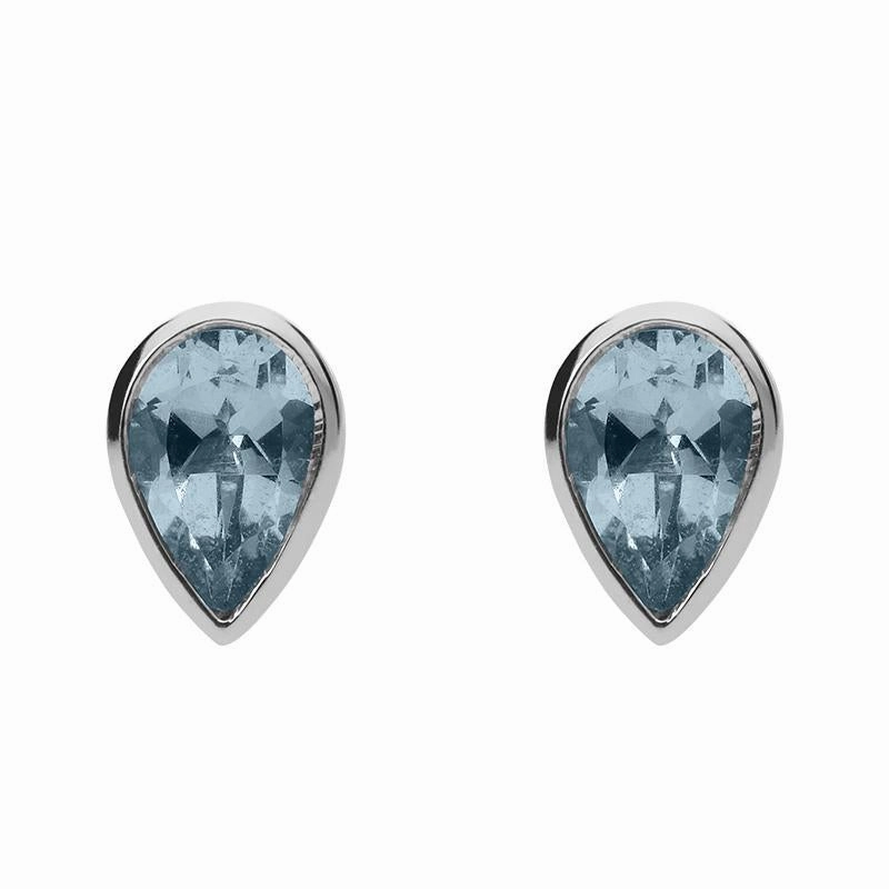 9ct White Gold Aquamarine 6x4mm Pear Rub Over Set Stud Earrings