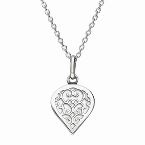 9ct White Gold Bauxite Flore Filigree Small Heart Necklace