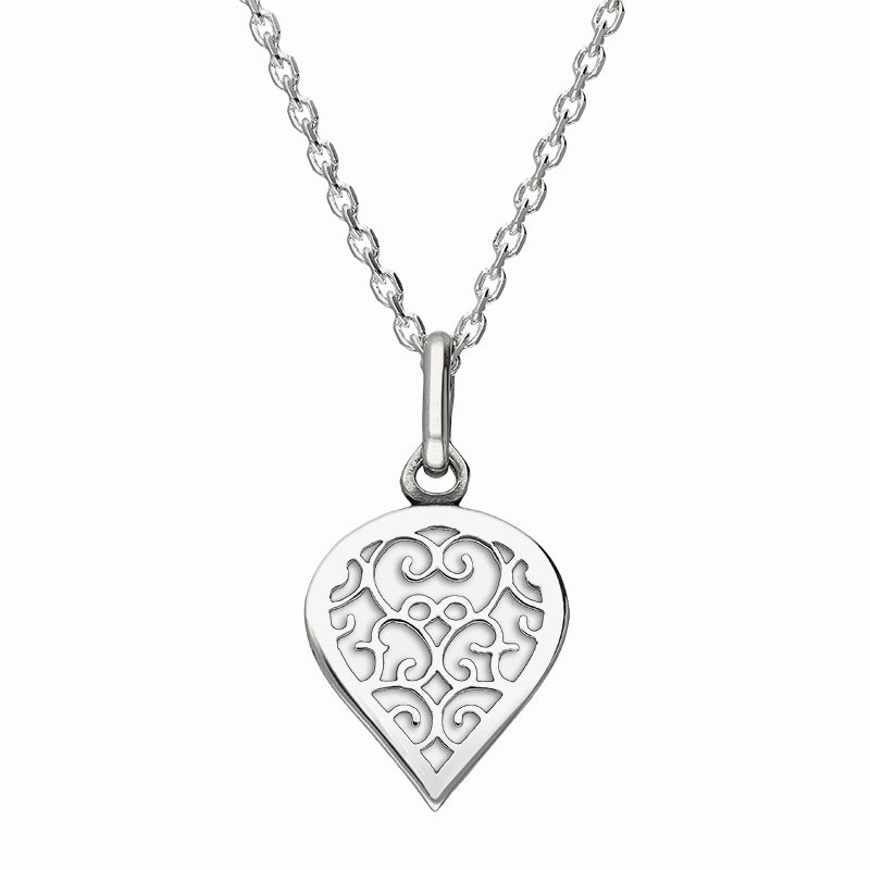 9ct White Gold Bauxite Flore Filigree Small Heart Necklace