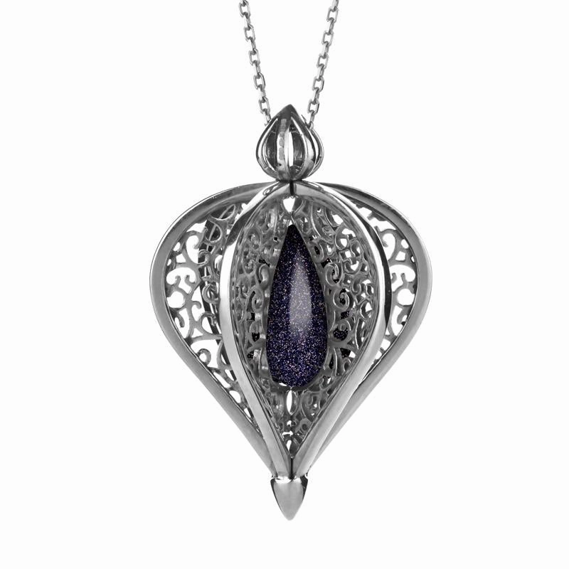 9ct White Gold Blue Goldstone Flore Filigree Droplet Necklace