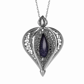 9ct White Gold Blue Goldstone Flore Filigree Droplet Necklace