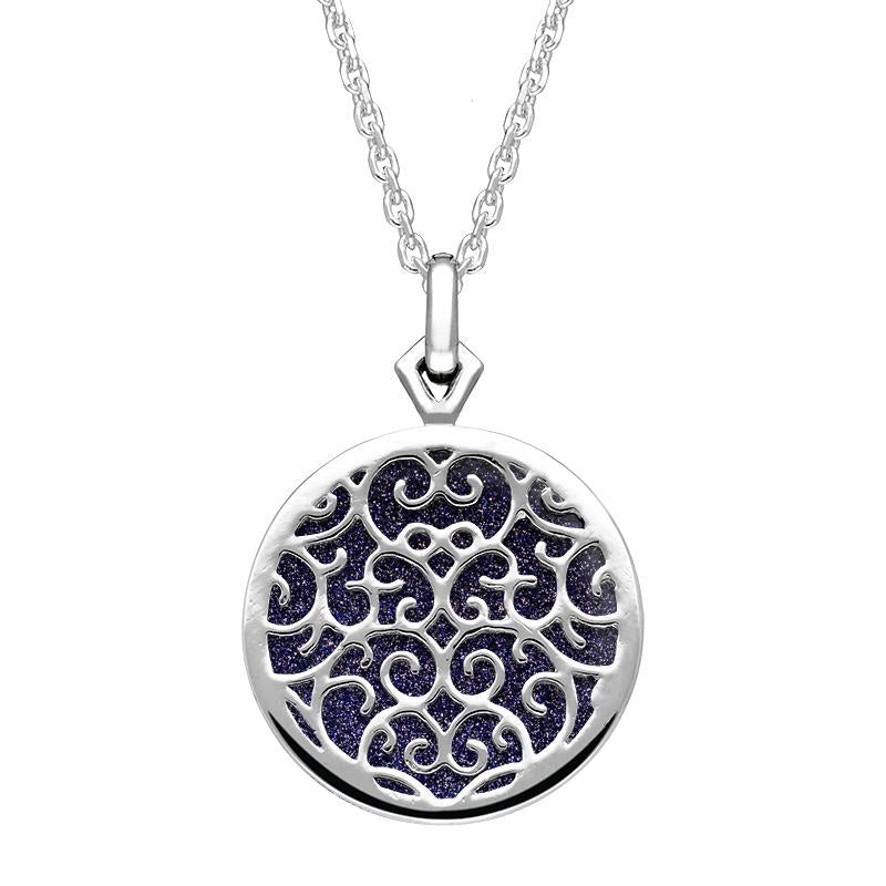 9ct White Gold Blue Goldstone Flore Filigree Necklace