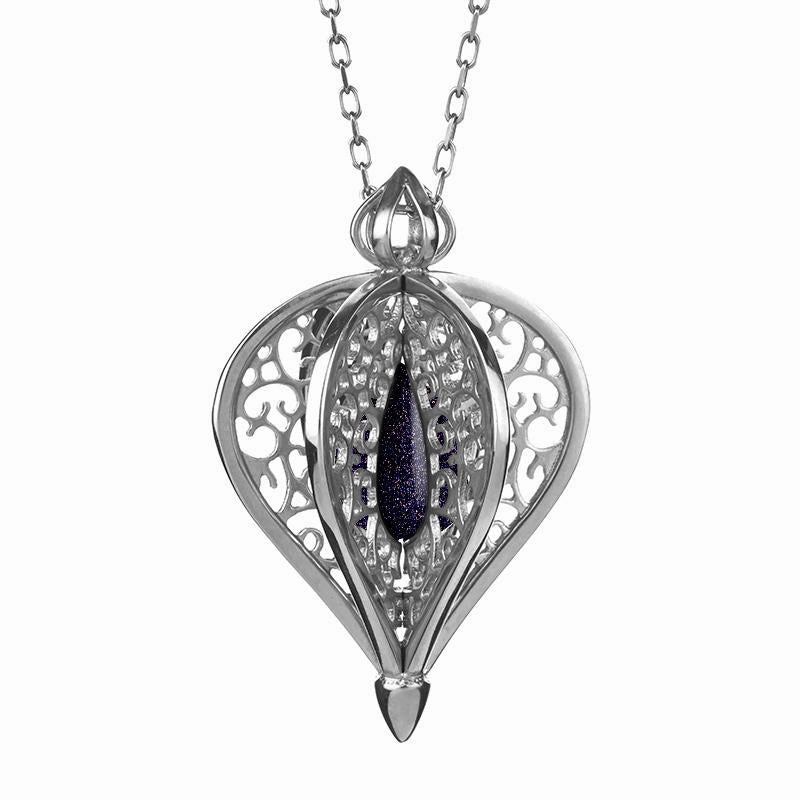 9ct White Gold Blue Goldstone Flore Filigree Small Necklace