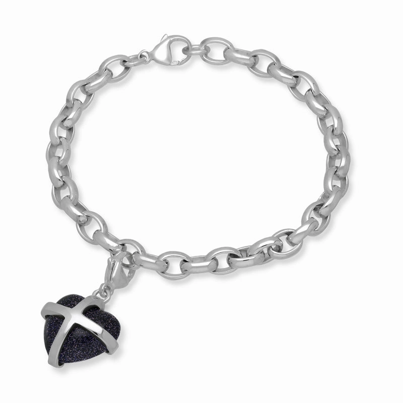 9ct White Gold Blue Goldstone Medium Cross Heart Charm Bracelet