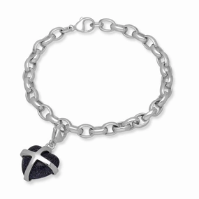 9ct White Gold Blue Goldstone Medium Cross Heart Charm Bracelet