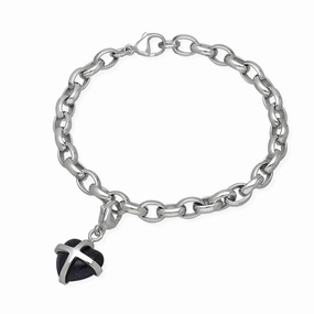 9ct White Gold Blue Goldstone Small Cross Heart Charm Bracelet