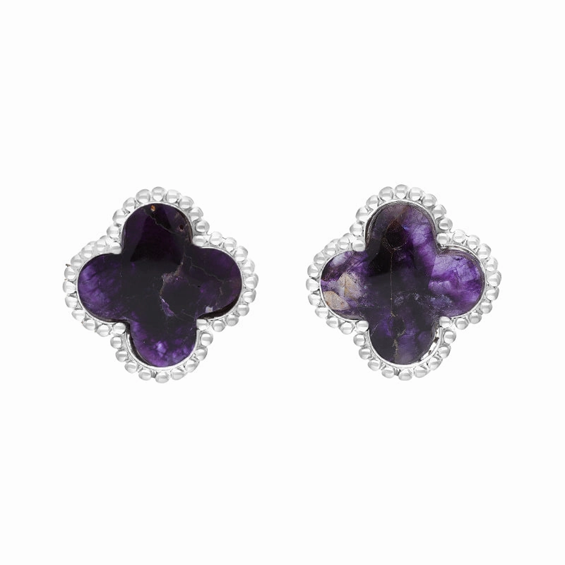 9ct White Gold Blue John Bloom Four Leaf Clover Ball Edge Stud Earrings