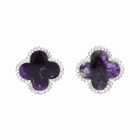 9ct White Gold Blue John Bloom Four Leaf Clover Ball Edge Stud Earrings