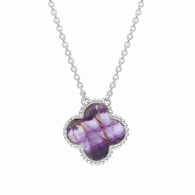 9ct White Gold Blue John Bloom Large Four Leaf Clover Ball Edge Chain Necklet