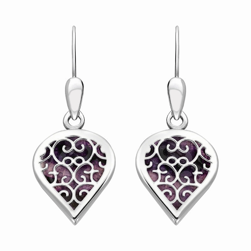 9ct White Gold Blue John Flore Filigree Heart Drop Earrings