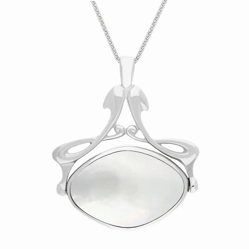 9ct White Gold Blue John Mother Of Pearl Bell Diamond Swivel Fob Necklace