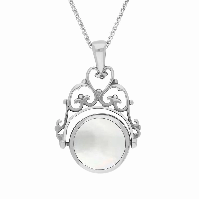 9ct White Gold Blue John Mother Of Pearl Double Sided Round Swivel Fob Necklace