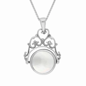 9ct White Gold Blue John Mother Of Pearl Double Sided Round Swivel Fob Necklace