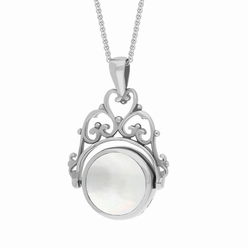 9ct White Gold Blue John Mother Of Pearl Double Sided Round Swivel Fob Necklace