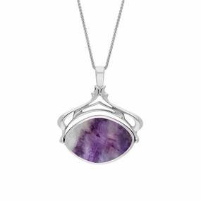 9ct White Gold Blue John Mother Of Pearl Marquise Swivel Fob Necklace