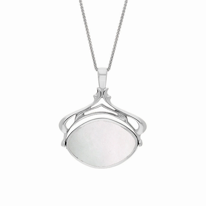 9ct White Gold Blue John Mother Of Pearl Marquise Swivel Fob Necklace