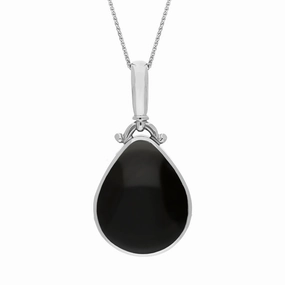 9ct White Gold Blue John Whitby Jet Double Sided Pear Fob Necklace