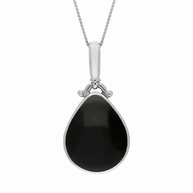 9ct White Gold Blue John Whitby Jet Double Sided Pear Fob Necklace