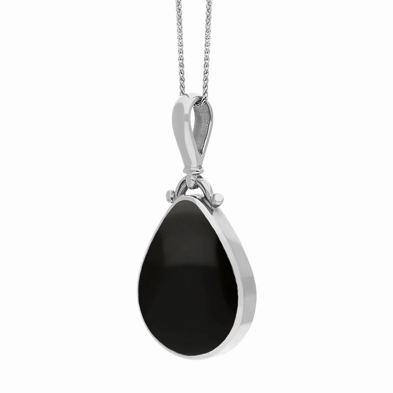 9ct White Gold Blue John Whitby Jet Double Sided Pear Fob Necklace