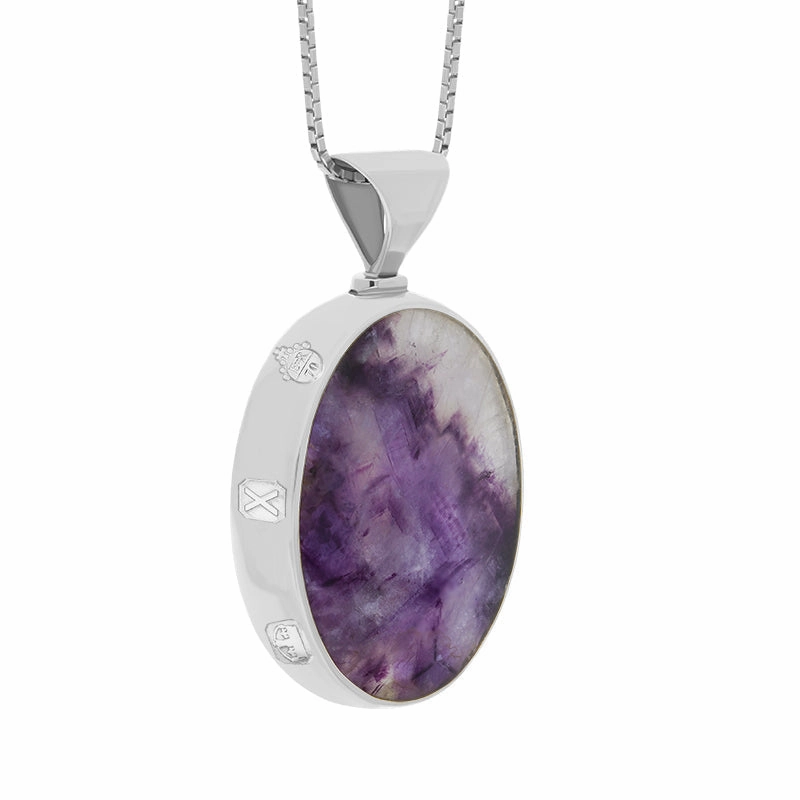 9ct White Gold Blue John Whitby Jet Queens Jubilee Hallmark Double Sided Oval Necklace D