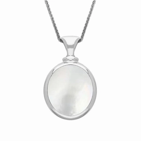 9ct White Gold Blue John White Mother Of Pearl Small Double Sided Oval Fob Necklace