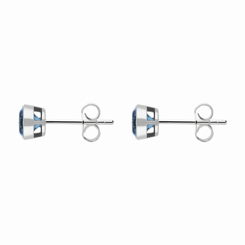 9ct White Gold Blue Topaz 4mm Round Rub Over Set Stud Earrings