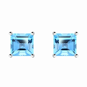9ct White Gold Blue Topaz 5mm Princess Cut Claw Set Stud Earrings