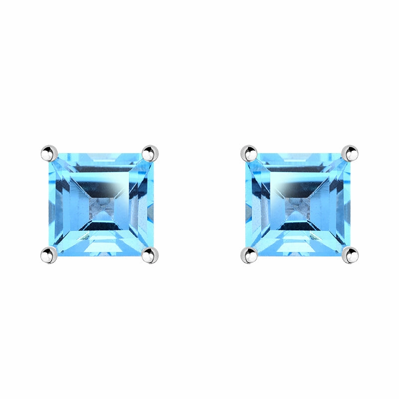 9ct White Gold Blue Topaz 5mm Princess Cut Claw Set Stud Earrings