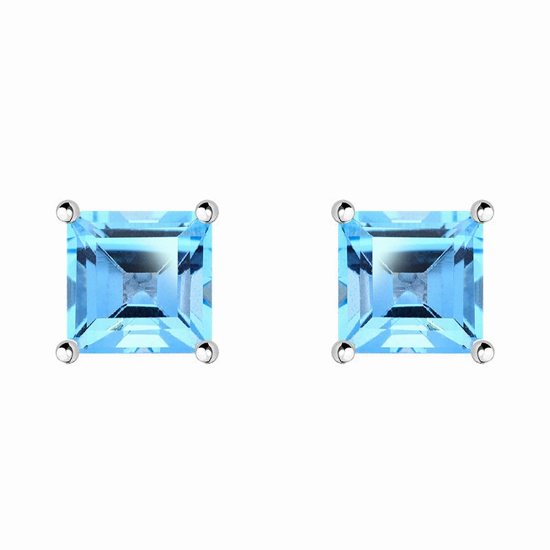 9ct White Gold Blue Topaz 5mm Princess Cut Claw Set Stud Earrings