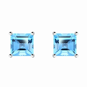 9ct White Gold Blue Topaz 5mm Princess Cut Claw Set Stud Earrings