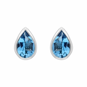 9ct White Gold Blue Topaz 6x4mm Pear Rub Over Stud Earrings