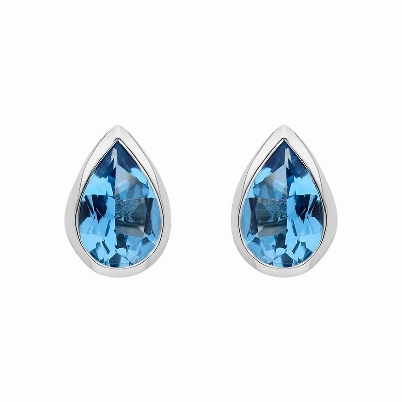 9ct White Gold Blue Topaz 6x4mm Pear Rub Over Stud Earrings