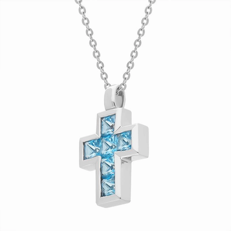 9ct White Gold Blue Topaz Six Stone Princess Cut Cross Necklace