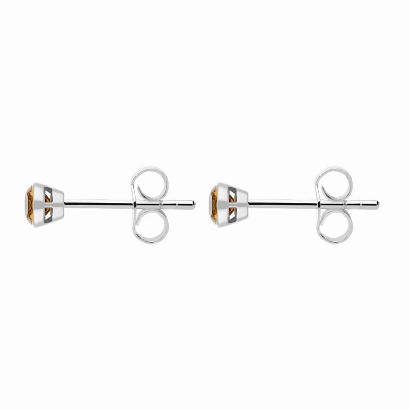 9ct White Gold Citrine 3mm Round Rub Over Set Stud Earrings