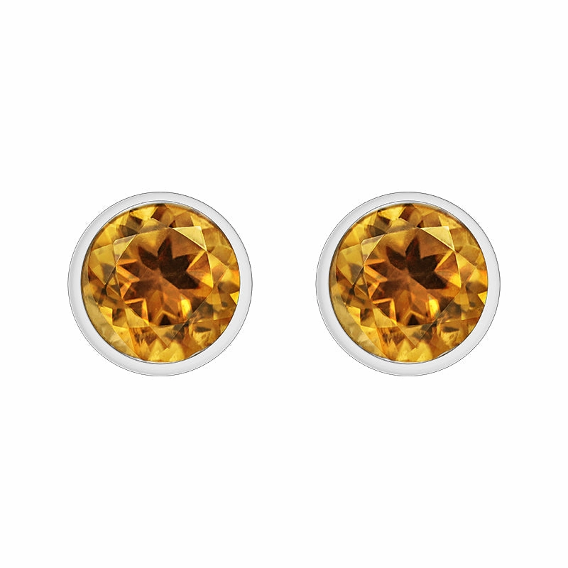 9ct White Gold Citrine 3mm Round Rub Over Set Stud Earrings