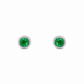 9ct White Gold Emerald 3mm Round Rub Over Set Stud Earrings