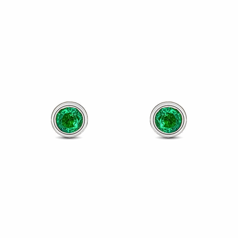 9ct White Gold Emerald 3mm Round Rub Over Set Stud Earrings