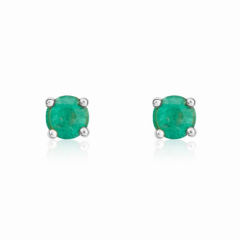 9ct White Gold Emerald 4mm Round Claw Set Stud Earrings