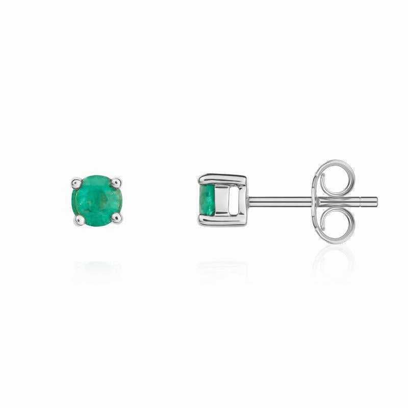 9ct White Gold Emerald 4mm Round Claw Set Stud Earrings
