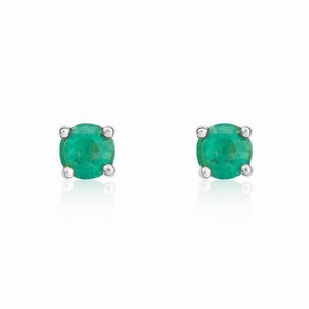 9ct White Gold Emerald 4mm Round Claw Set Stud Earrings