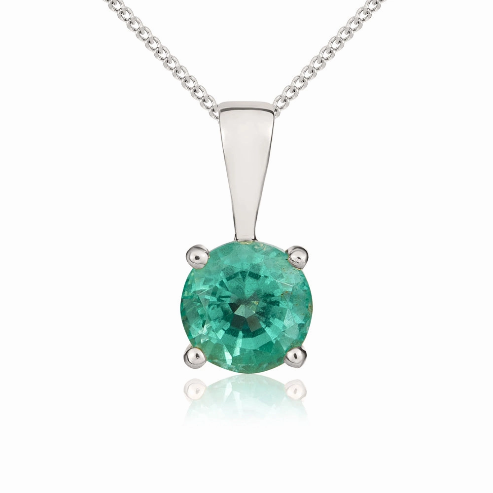 9ct White Gold Emerald 5mm Round Claw Set Necklace