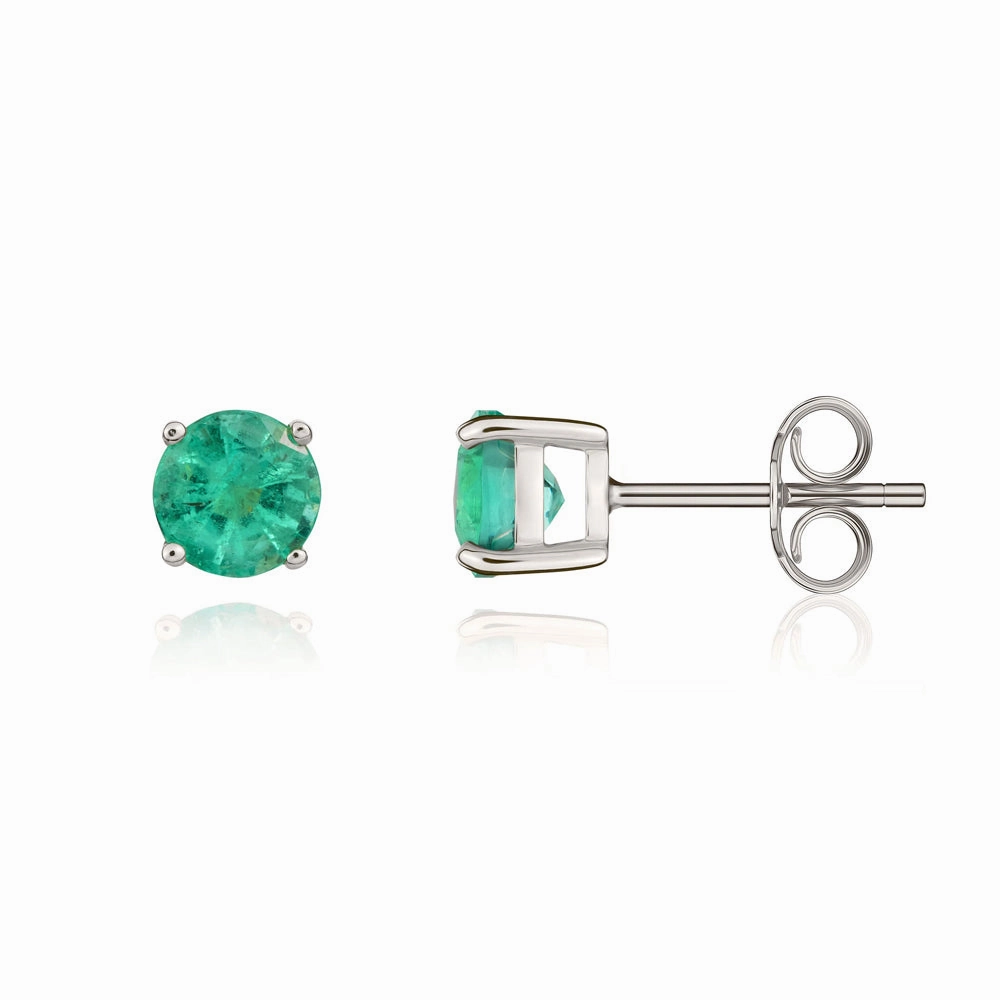 9ct White Gold Emerald 5mm Round Claw Set Stud Earrings