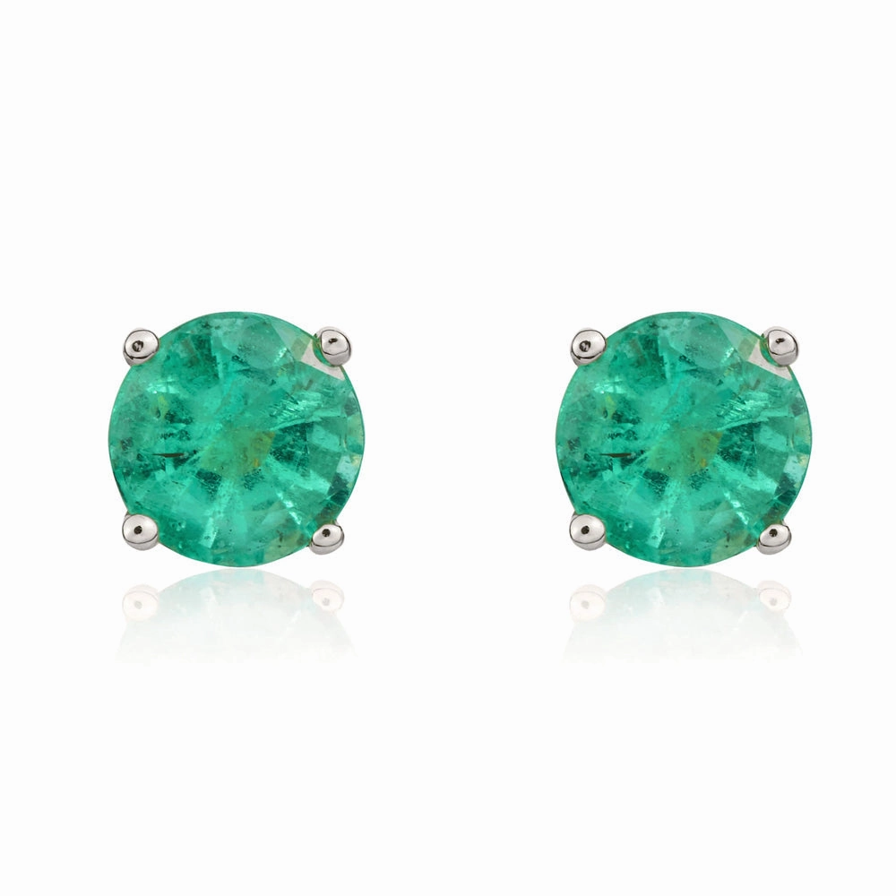 9ct White Gold Emerald 5mm Round Claw Set Stud Earrings