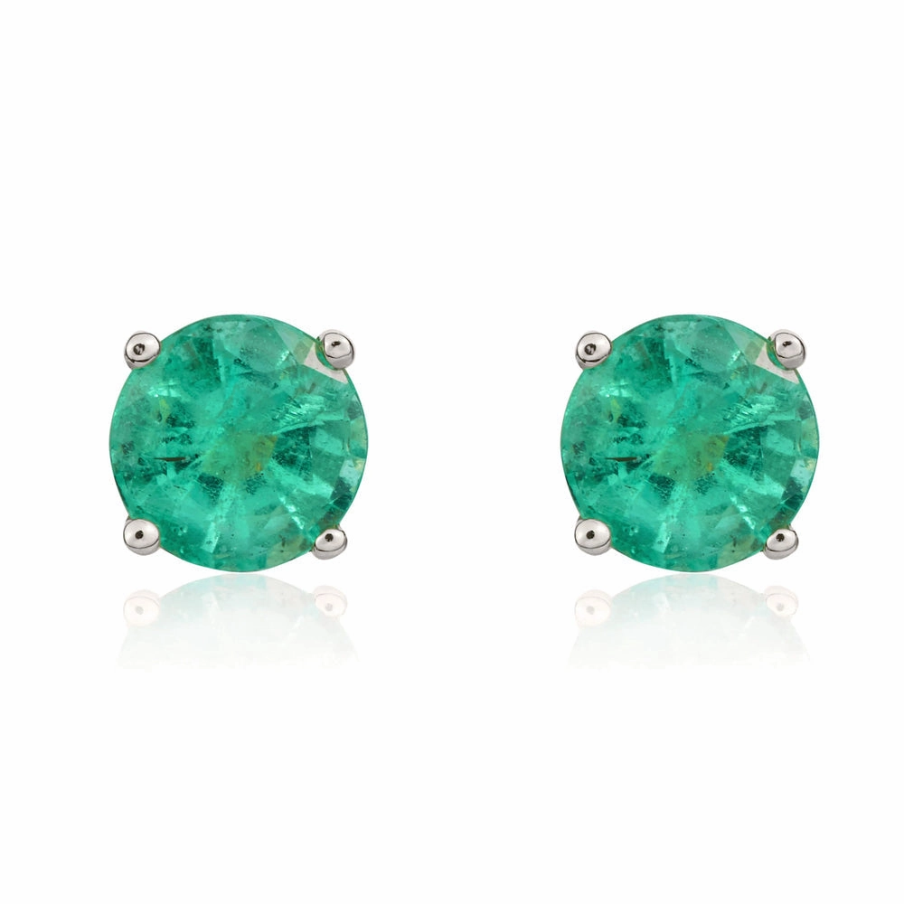 9ct White Gold Emerald 5mm Round Claw Set Stud Earrings