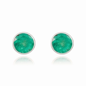 9ct White Gold Emerald 5mm Round Rub Over Set Stud Earrings