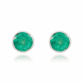 9ct White Gold Emerald 5mm Round Rub Over Set Stud Earrings