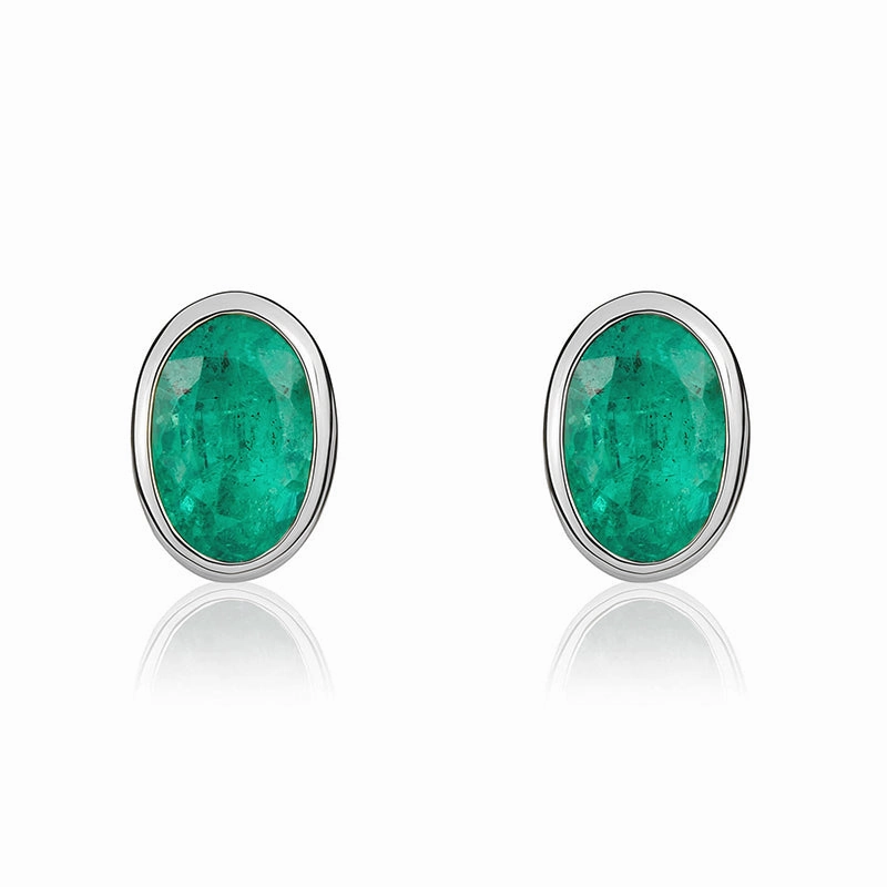 9ct White Gold Emerald 5x3mm Oval Rub Over Set Stud Earrings