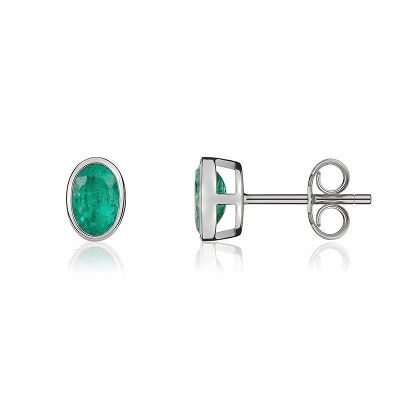 9ct White Gold Emerald 5x3mm Oval Rub Over Set Stud Earrings